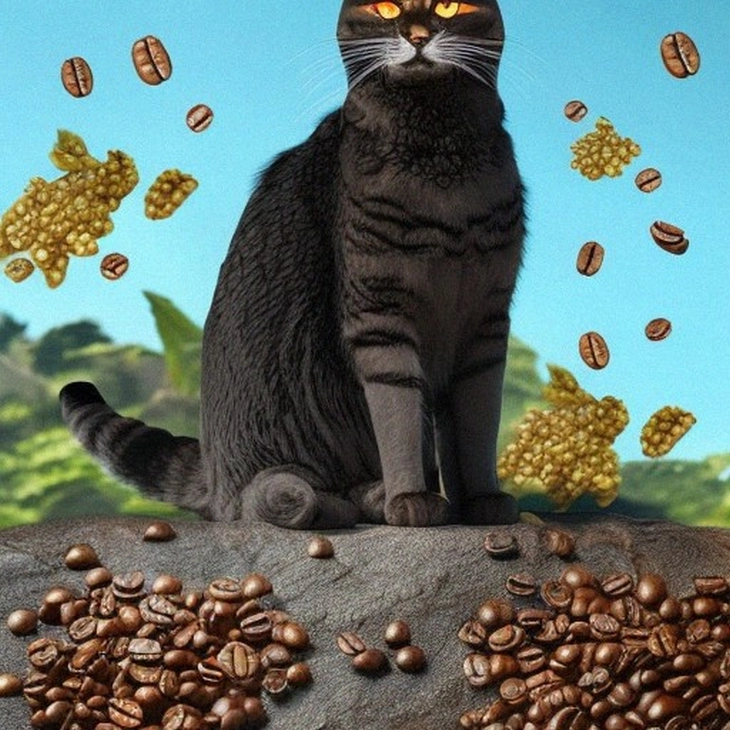 Cat with black and blue fur, orange eyes, with coffee beans crown. Whole body covered in Indonesian batik Neural.love