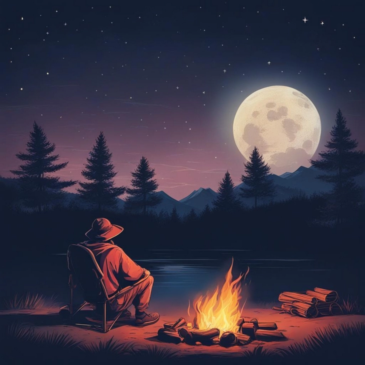 Генерация по запросу photo of a person sitting by a campfire at night, bright moon, in artistic style Stable Diffusion