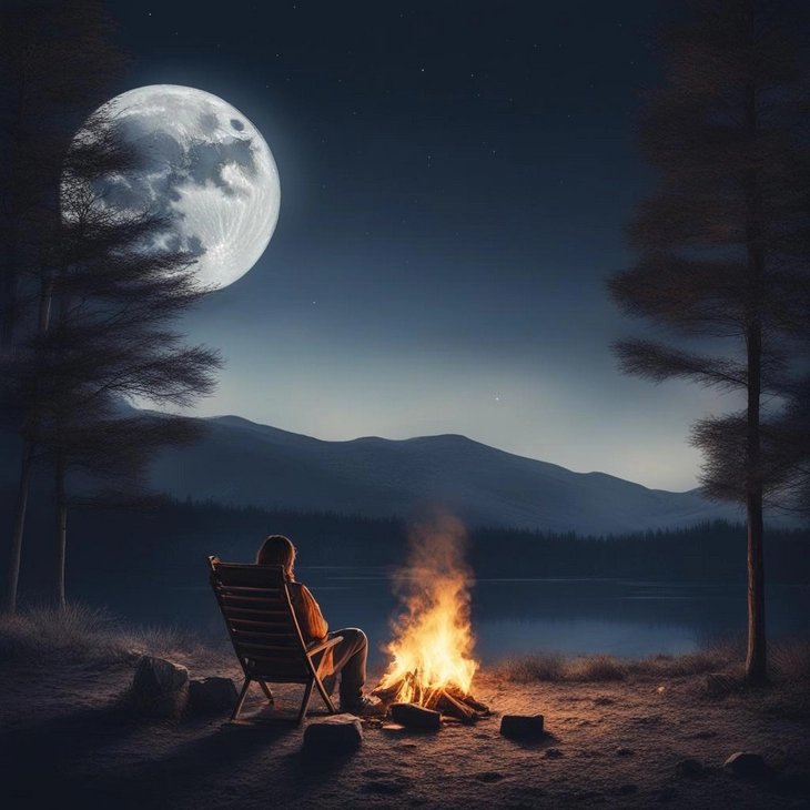 Генерация по запросу <em>photo of a person sitting by a campfire at night, bright moon, in hyper realistic style Stable Diffusion