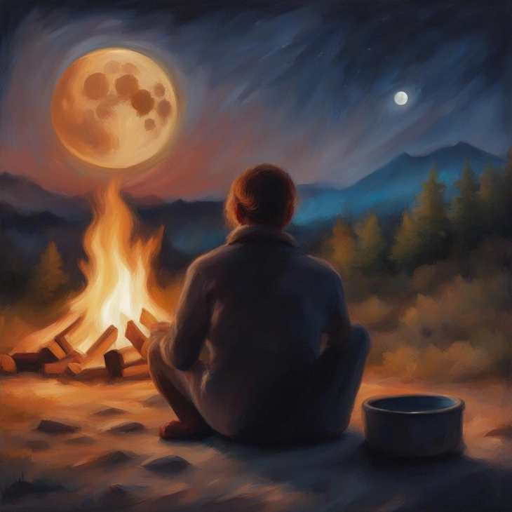 Генерация по запросу photo of a person sitting by a campfire at night, bright moon, oil painted style Stable Diffusion
