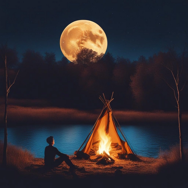 Генерация по запросу photo of a person sitting by a campfire at night, bright moon, in surreal style Stable Diffusion